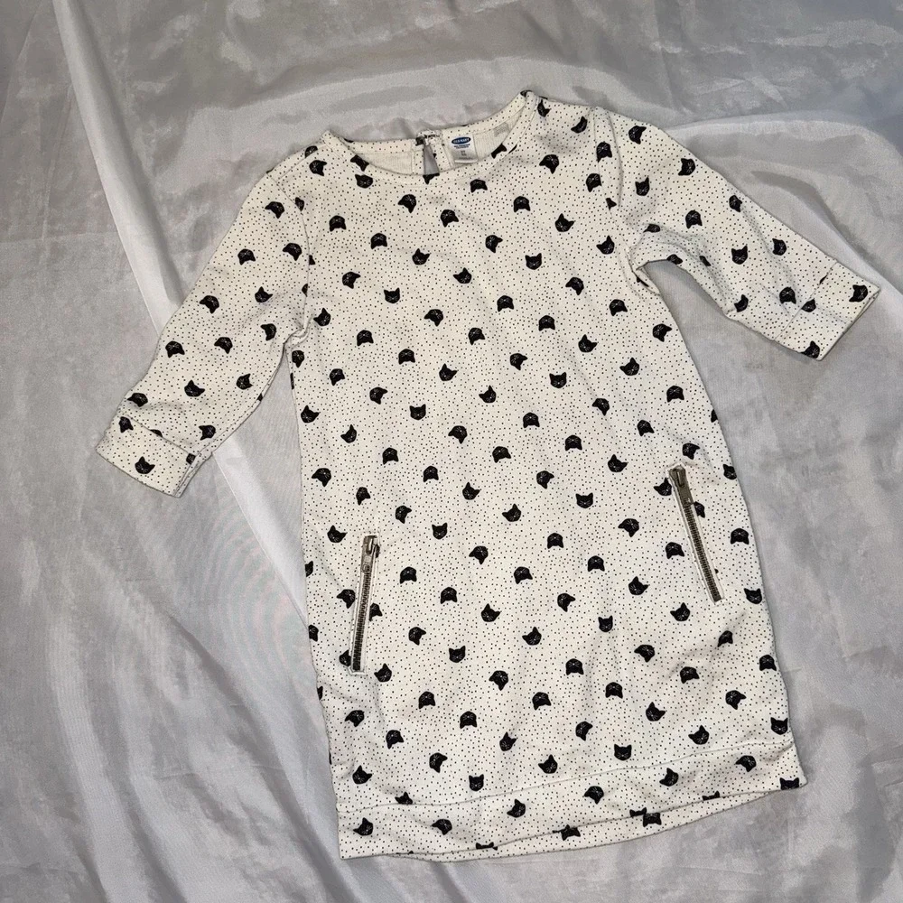 Old Navy Black White Kitty Cats Sweatshirt Dress W/Zippers‎ Girls 5T